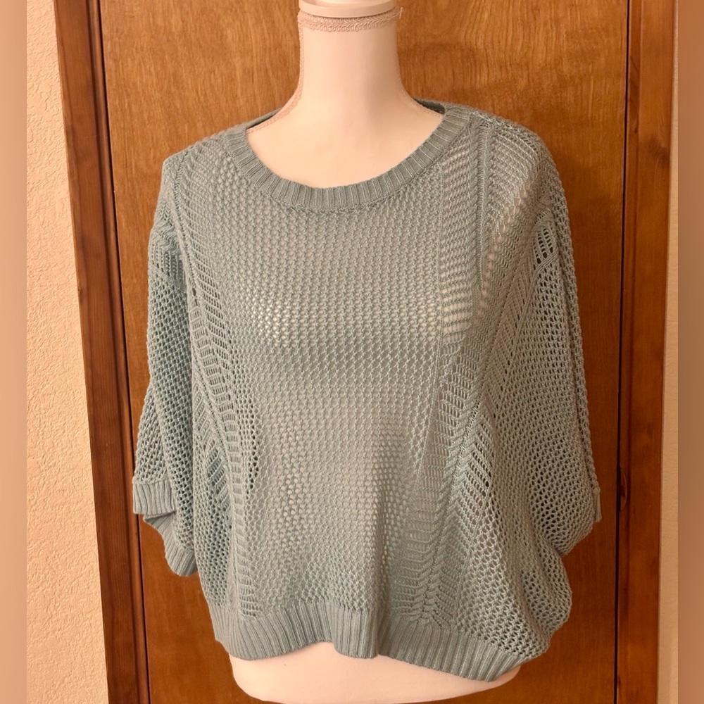 Staccato Light Sage/Turquoise Open-Knit Drop Shoulder Crewneck Sweater